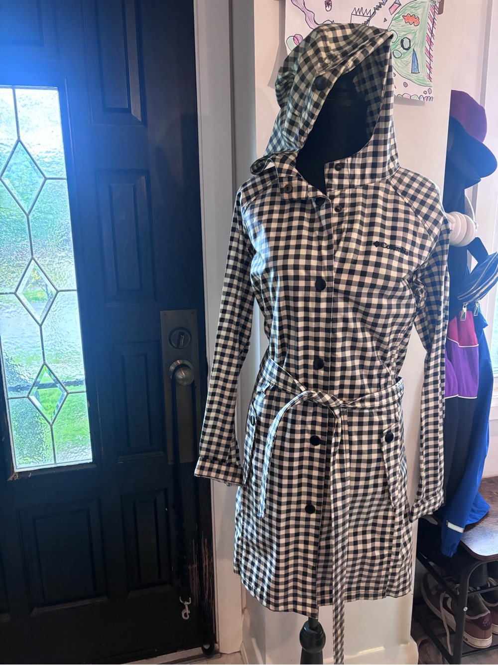 Columbia Black & White Gingham Hooded Raincoat